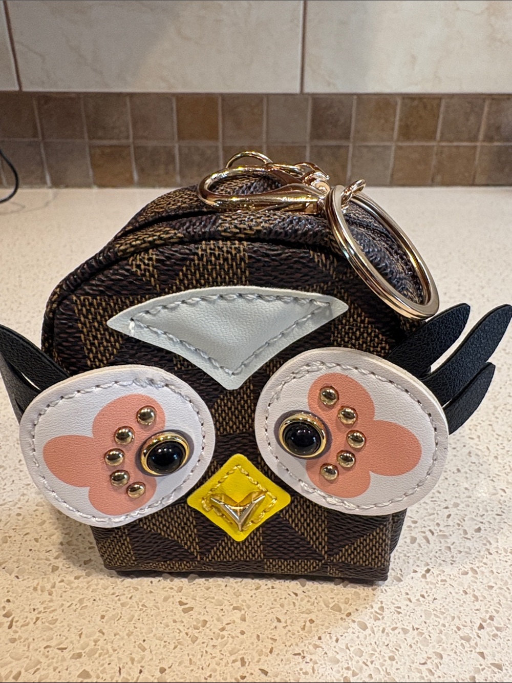 3D Owl Keychain/Bag Charm Coin Purse - Brown with Pink, White & Yellow Accents